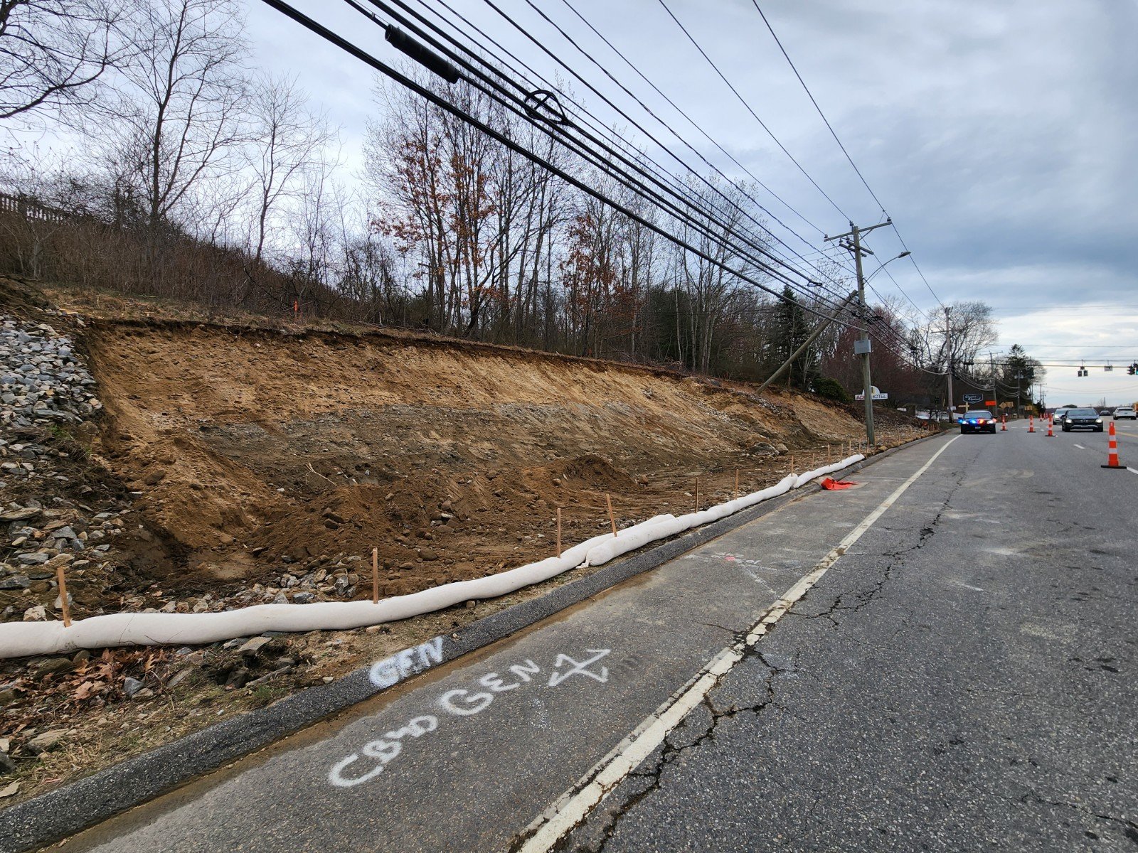 Wattle environmental controls installed along curb line - Flanders Road (Route 161)
